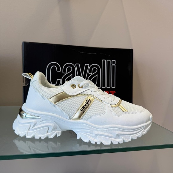 Cavalli Class White Sneakers with Gold Highlights - Picture 2 of 9